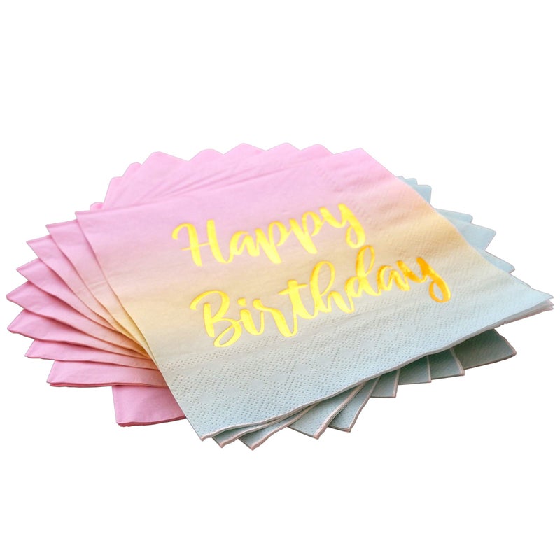 Partay Shenanigans Happy Birthday Napkins - 50 Pack Pastel Metallic Birthday Disposable Paper Napkins with Gold Foil Printing on Pink Yellow Blue Ombre Gradient for Cocktail Party Supplies - 6.5" x 6.5" inches - Image 3